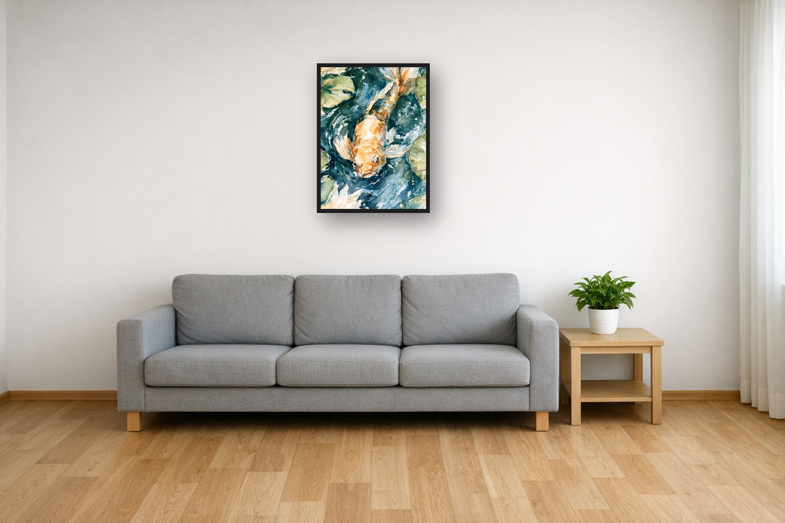 Koi Pond II framed poster in a living room