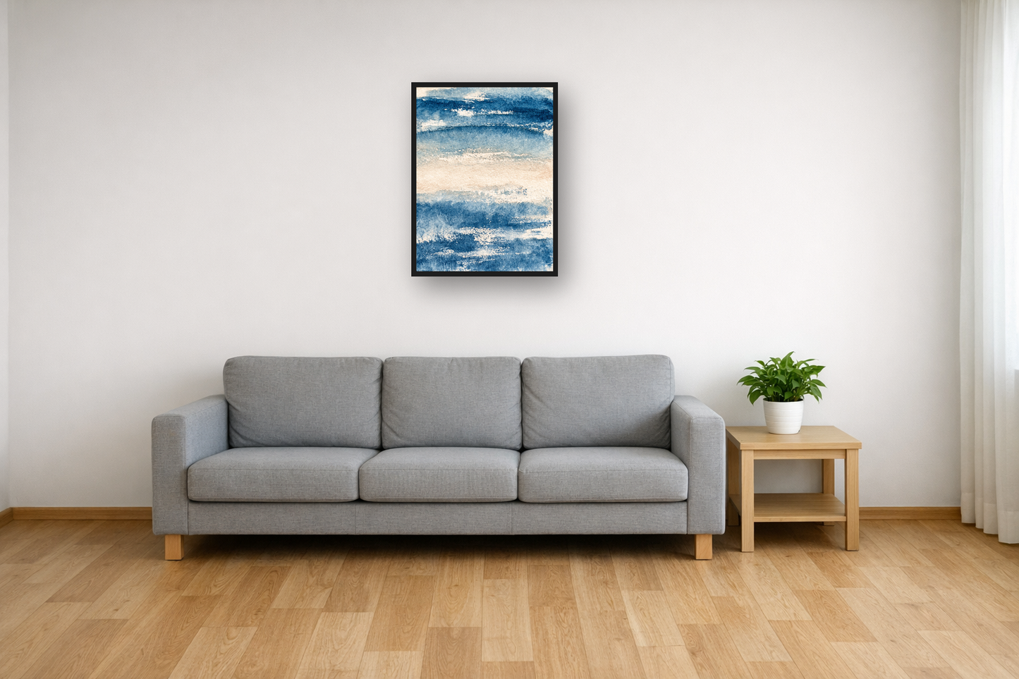 Indigo Wash II framed poster in a living room – plakat na ścianę