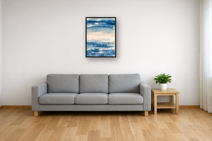 Indigo Wash II framed poster in a living room