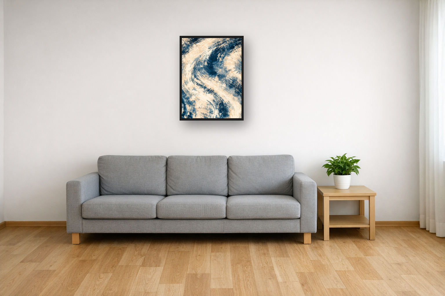 Indigo Batik II framed poster in a living room