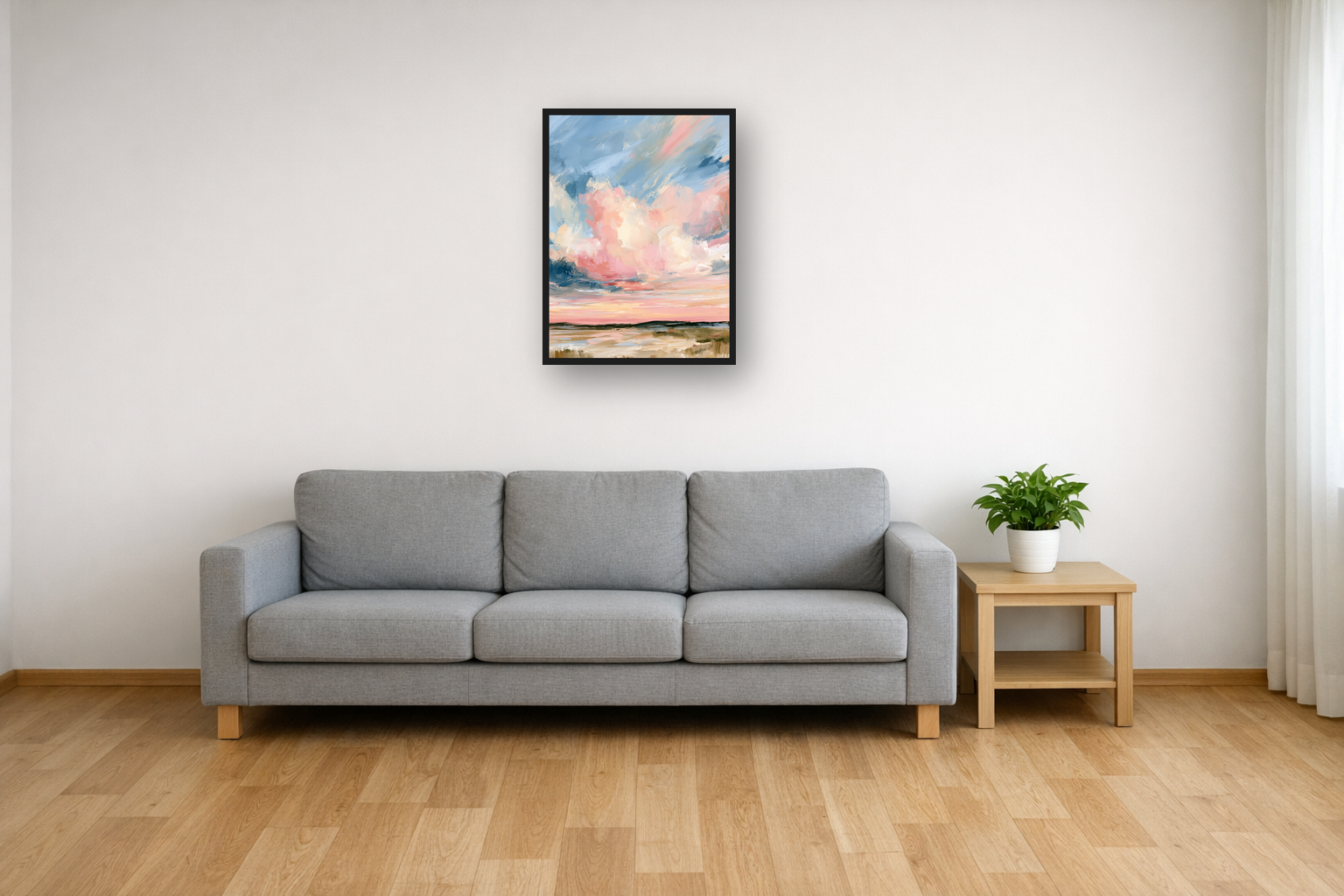 Powder Clouds II framed poster in a living room