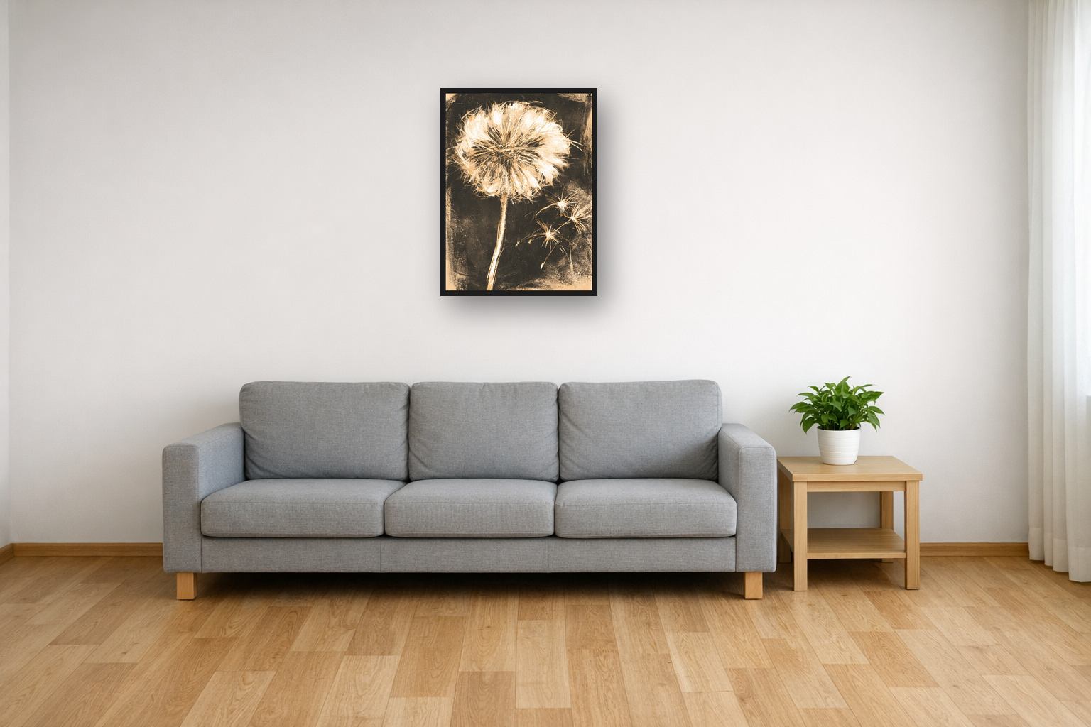 Golden Dandelions II framed poster in a living room