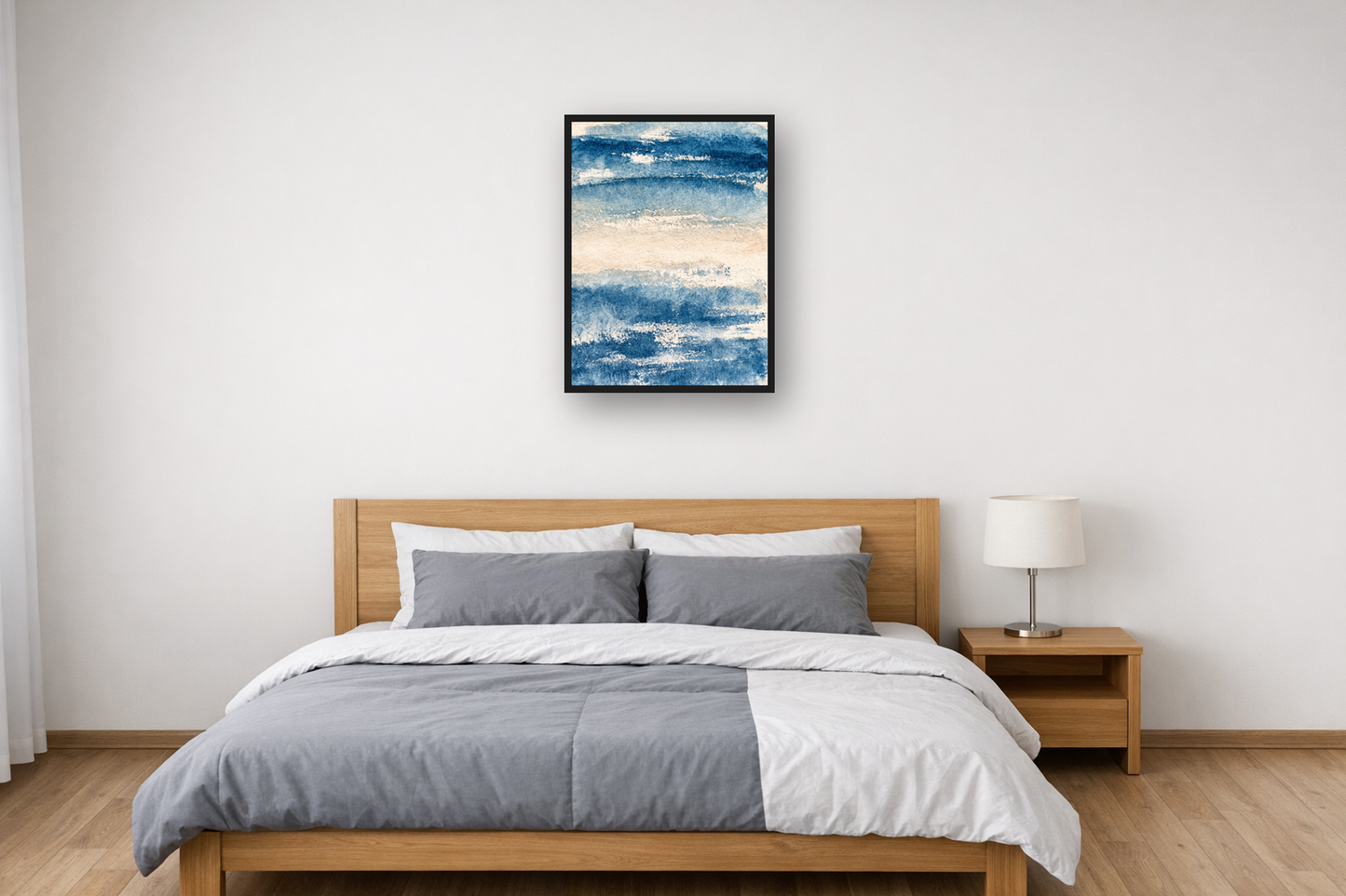 Indigo Wash II framed poster in a bedroom – plakat na ścianę