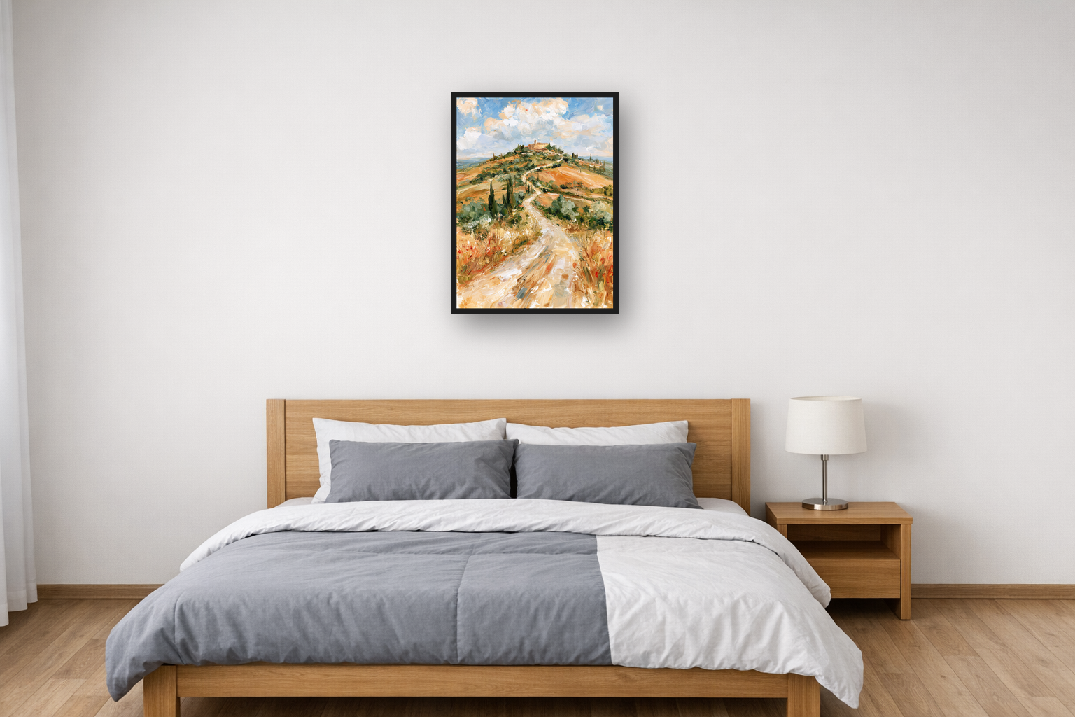 Tuscan Cypress II framed poster in a bedroom