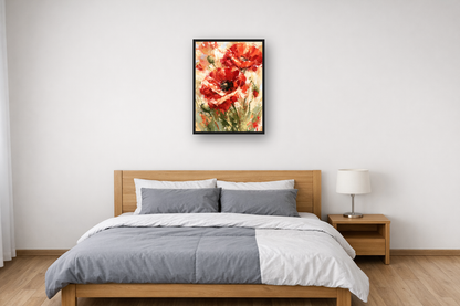 Wild Poppies II framed poster in a bedroom