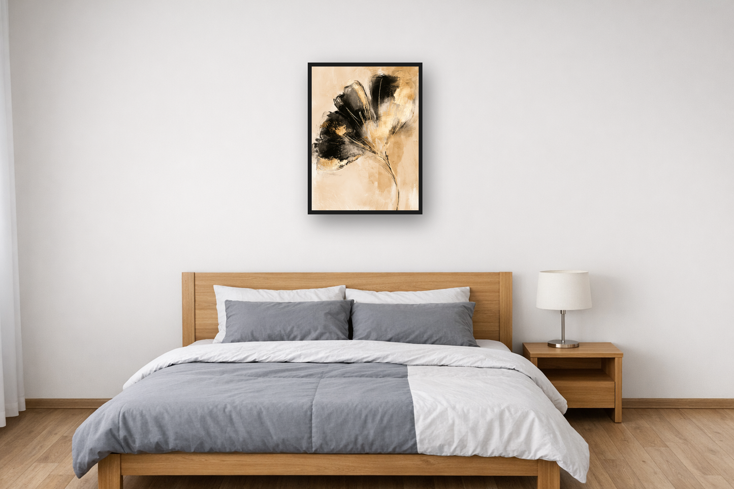 Golden Ginkgo II framed poster in a bedroom – plakat na ścianę