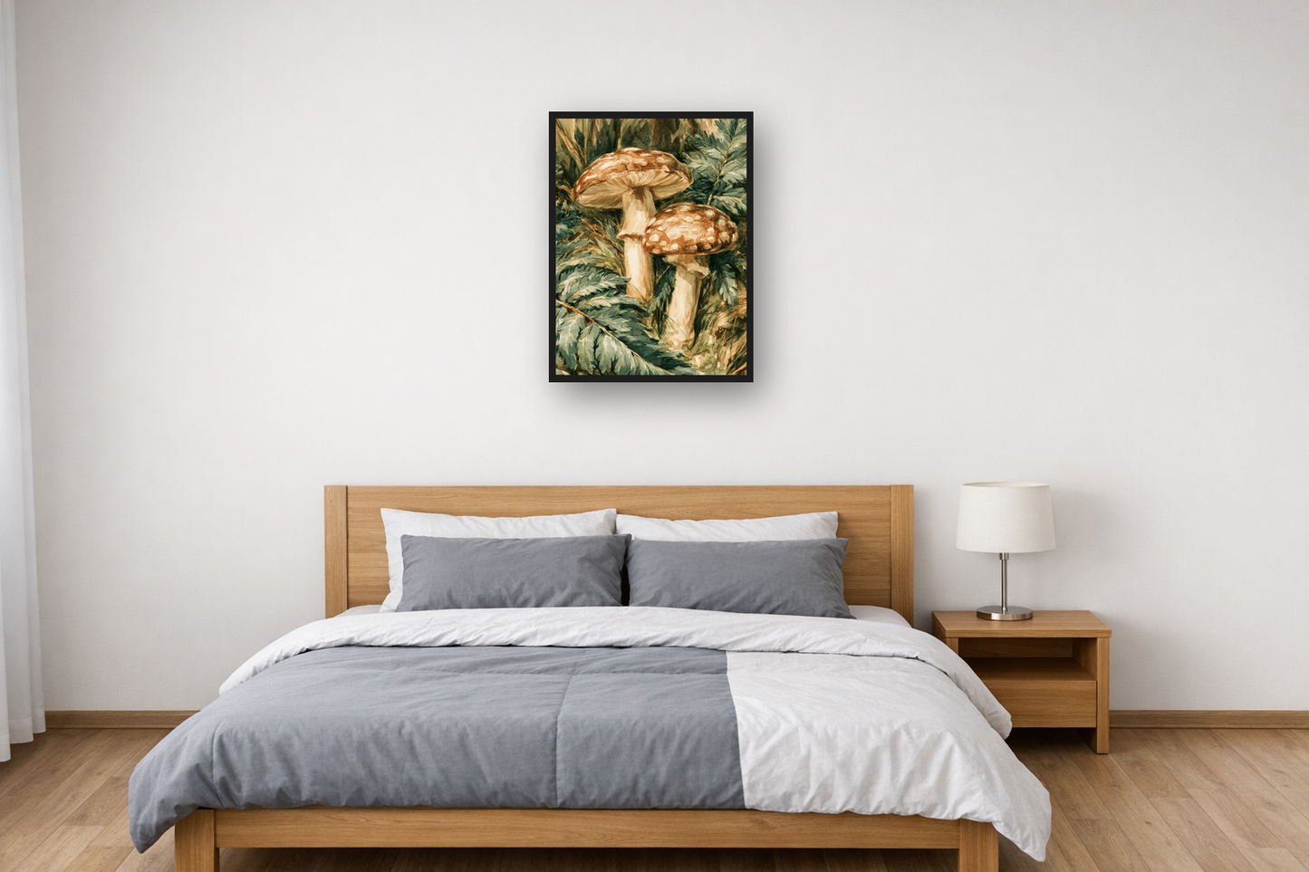 Forest Mushrooms II framed poster in a bedroom – plakat na ścianę