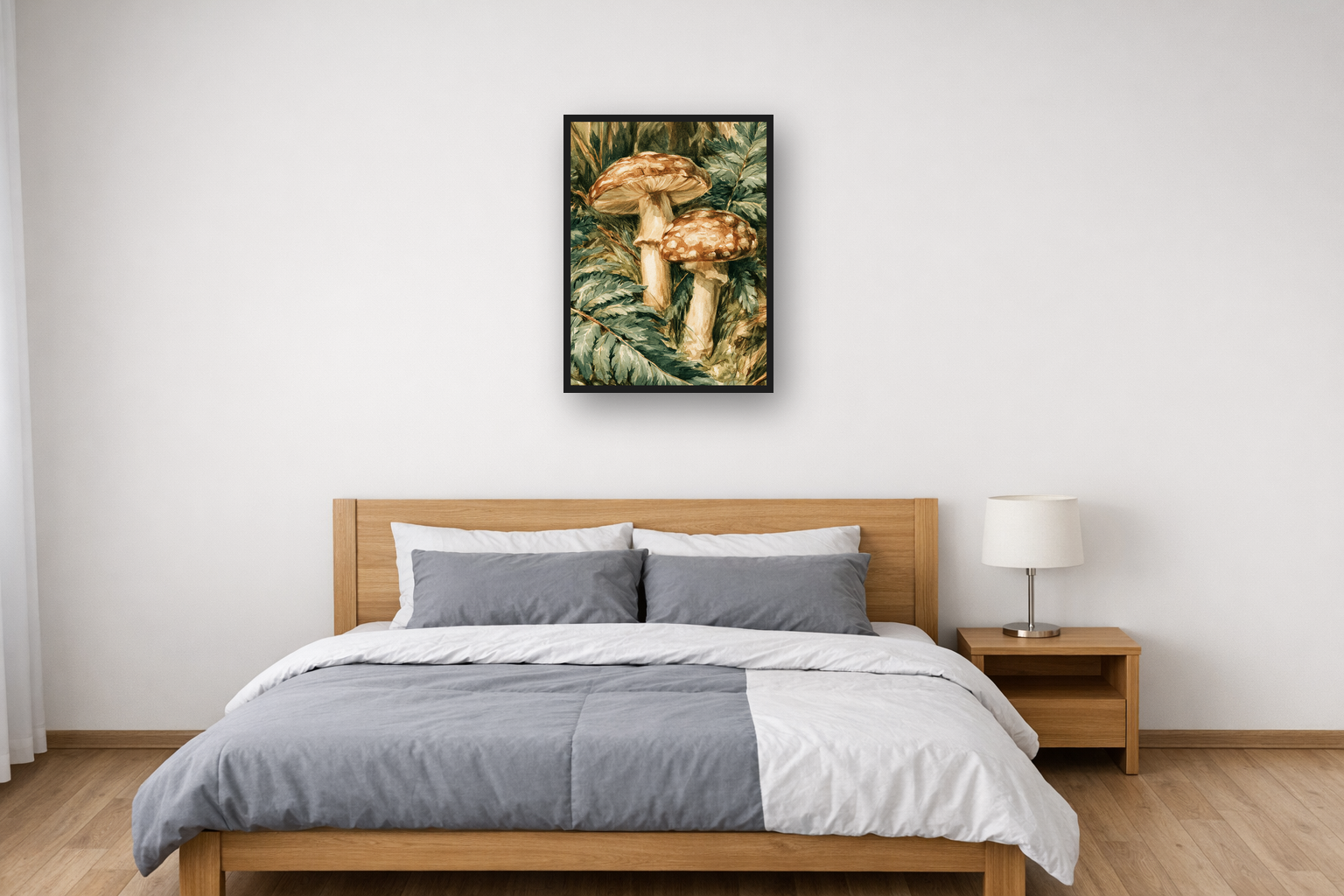 Forest Mushrooms II framed poster in a bedroom