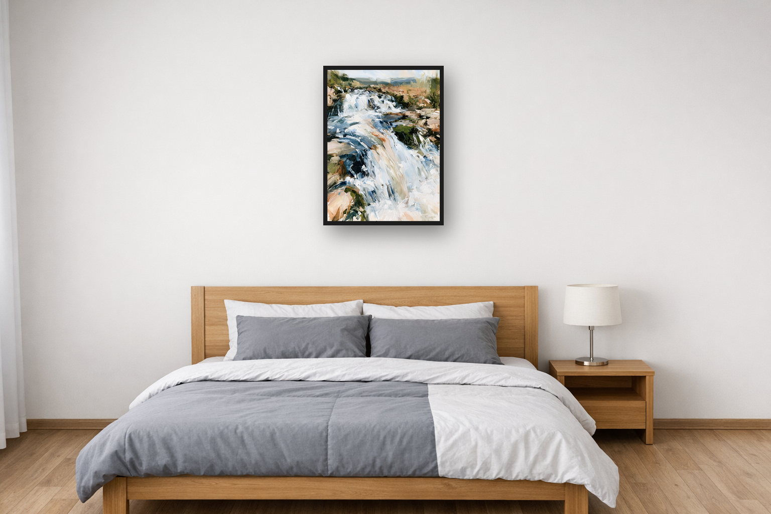 Mountain Stream II framed poster in a bedroom