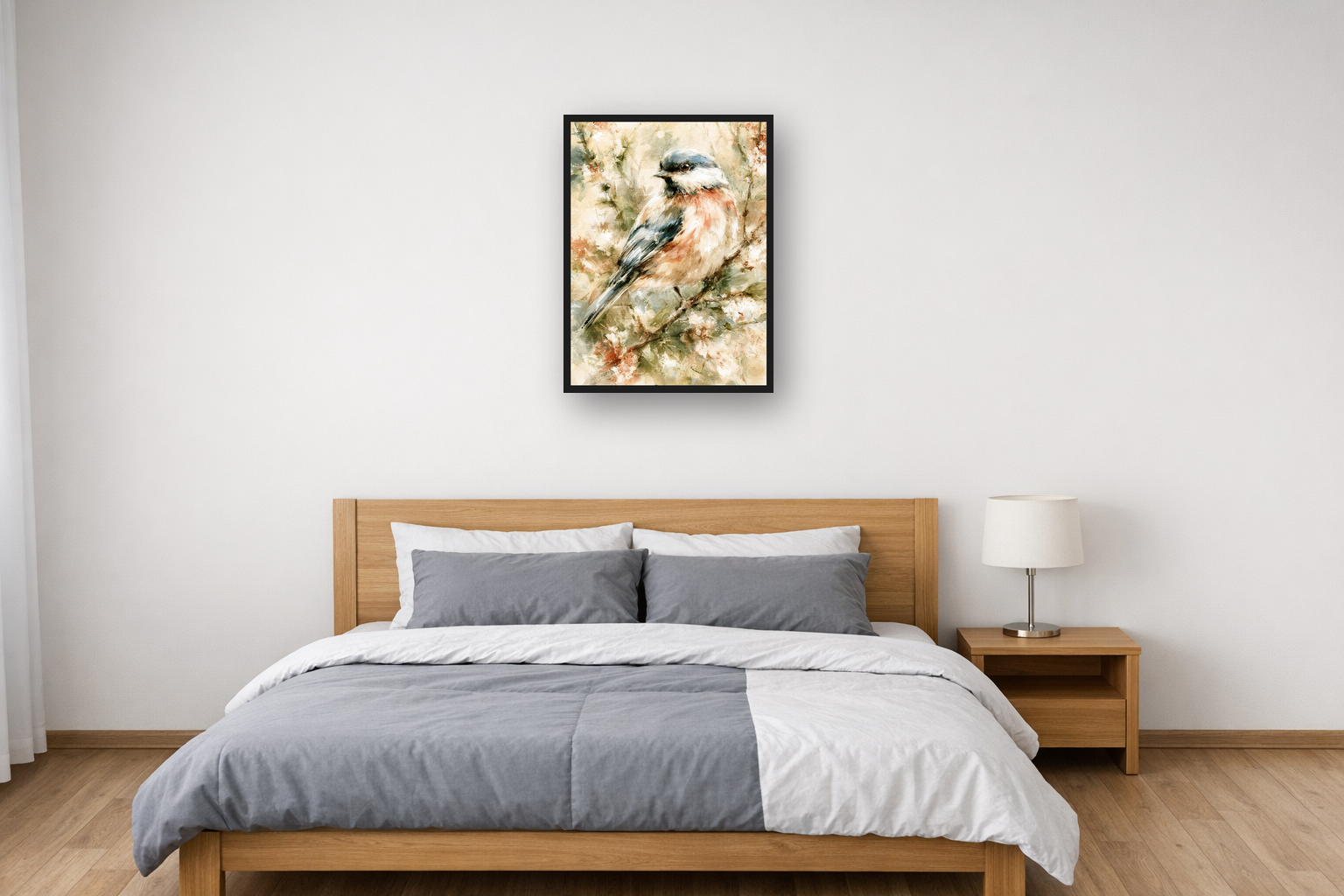 Garden Birds II framed poster in a bedroom