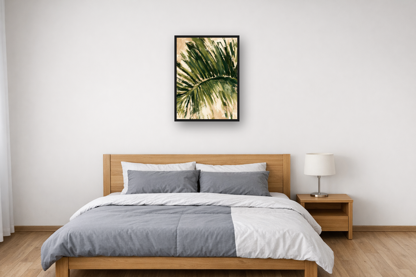 Palm Leaf II framed poster in a bedroom – plakat na ścianę
