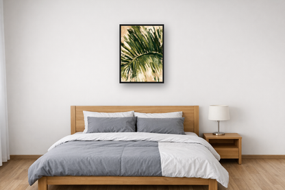 Palm Leaf II framed poster in a bedroom