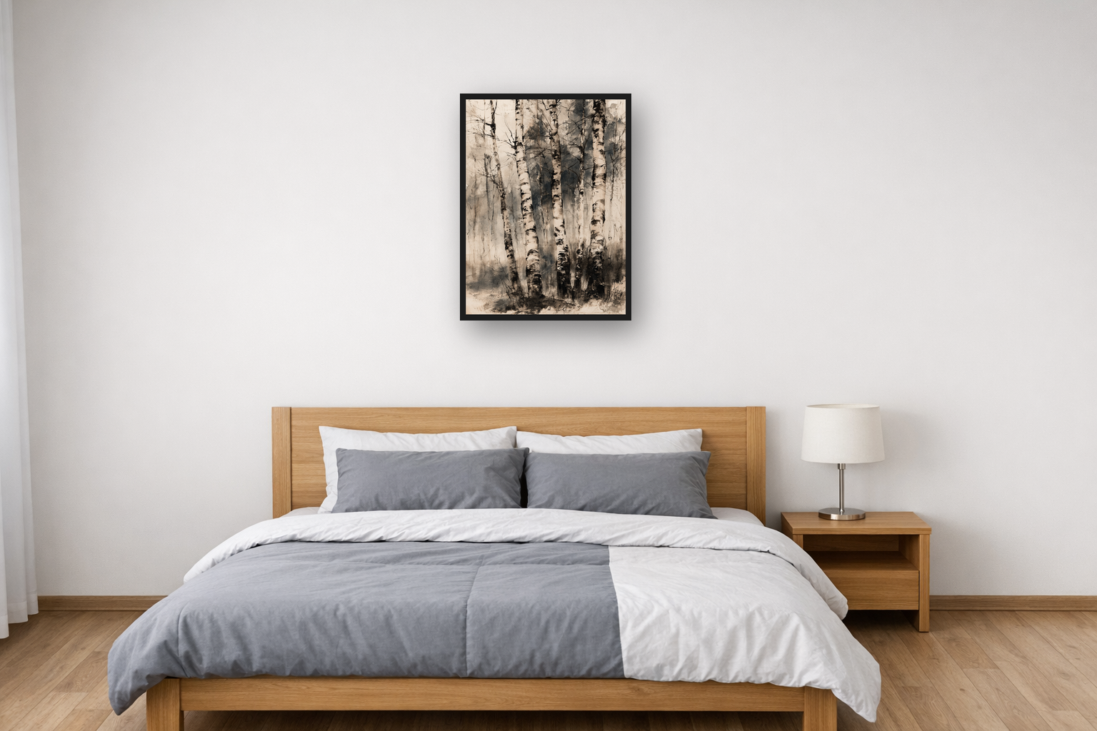 Misty Forest Ink II framed poster in a bedroom