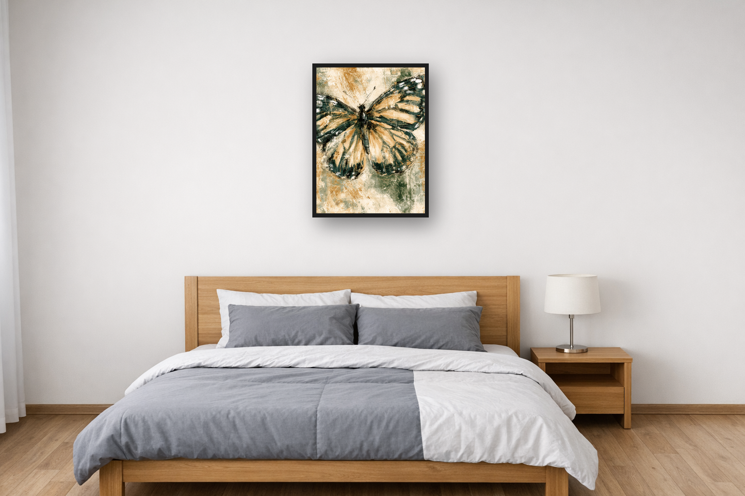 Vintage Butterflies II framed poster in a bedroom
