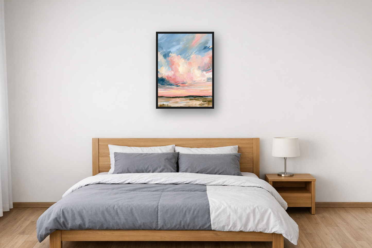 Powder Clouds II framed poster in a bedroom – plakat na ścianę
