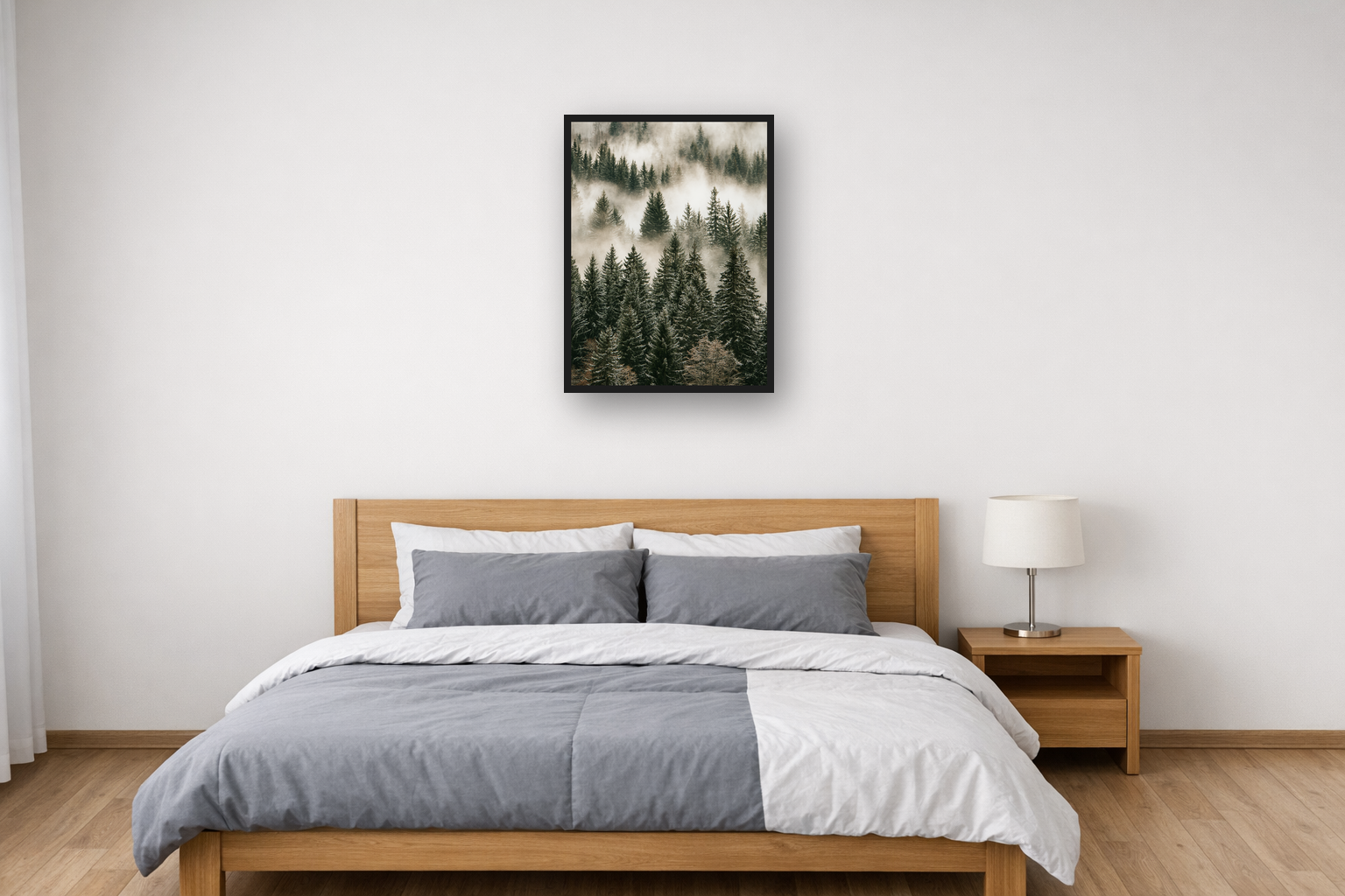 Nordic Forest II framed poster in a bedroom