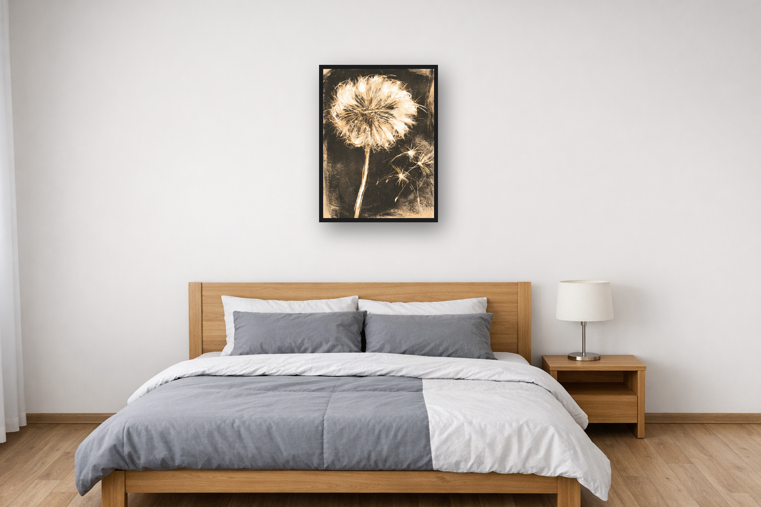 Golden Dandelions II framed poster in a bedroom