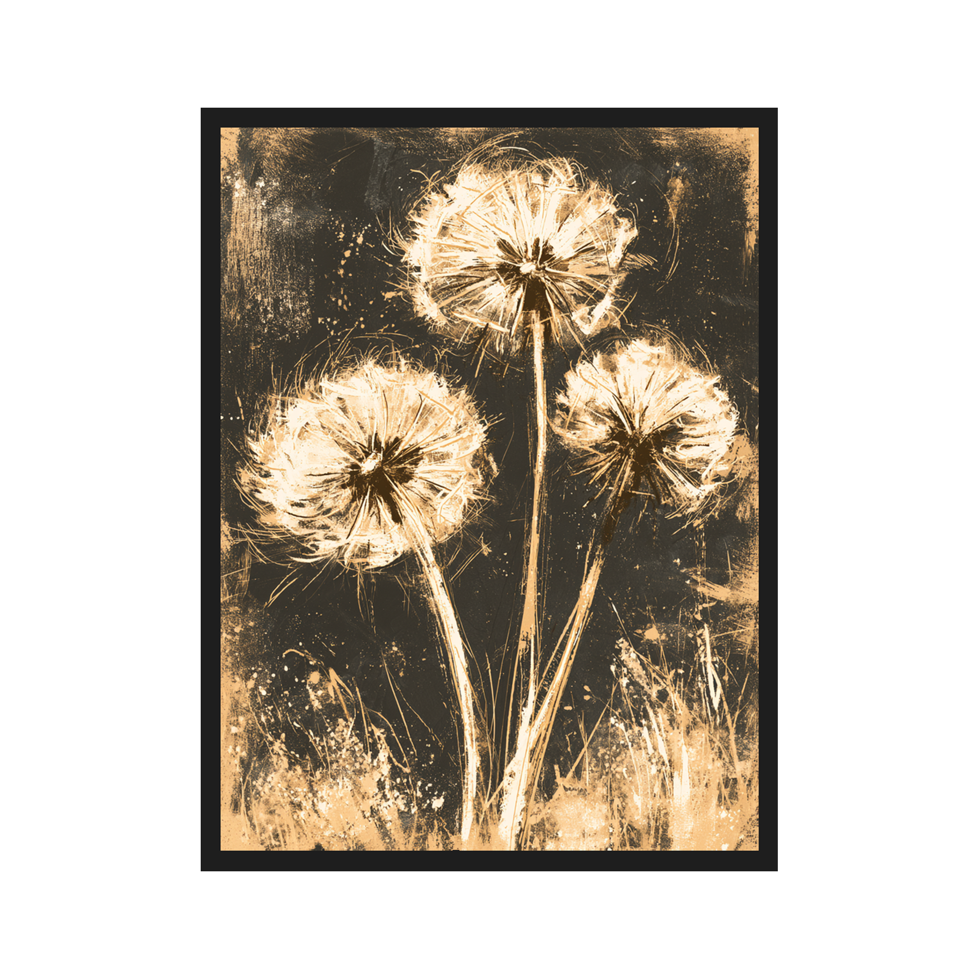 Golden Dandelions III art print in a black frame