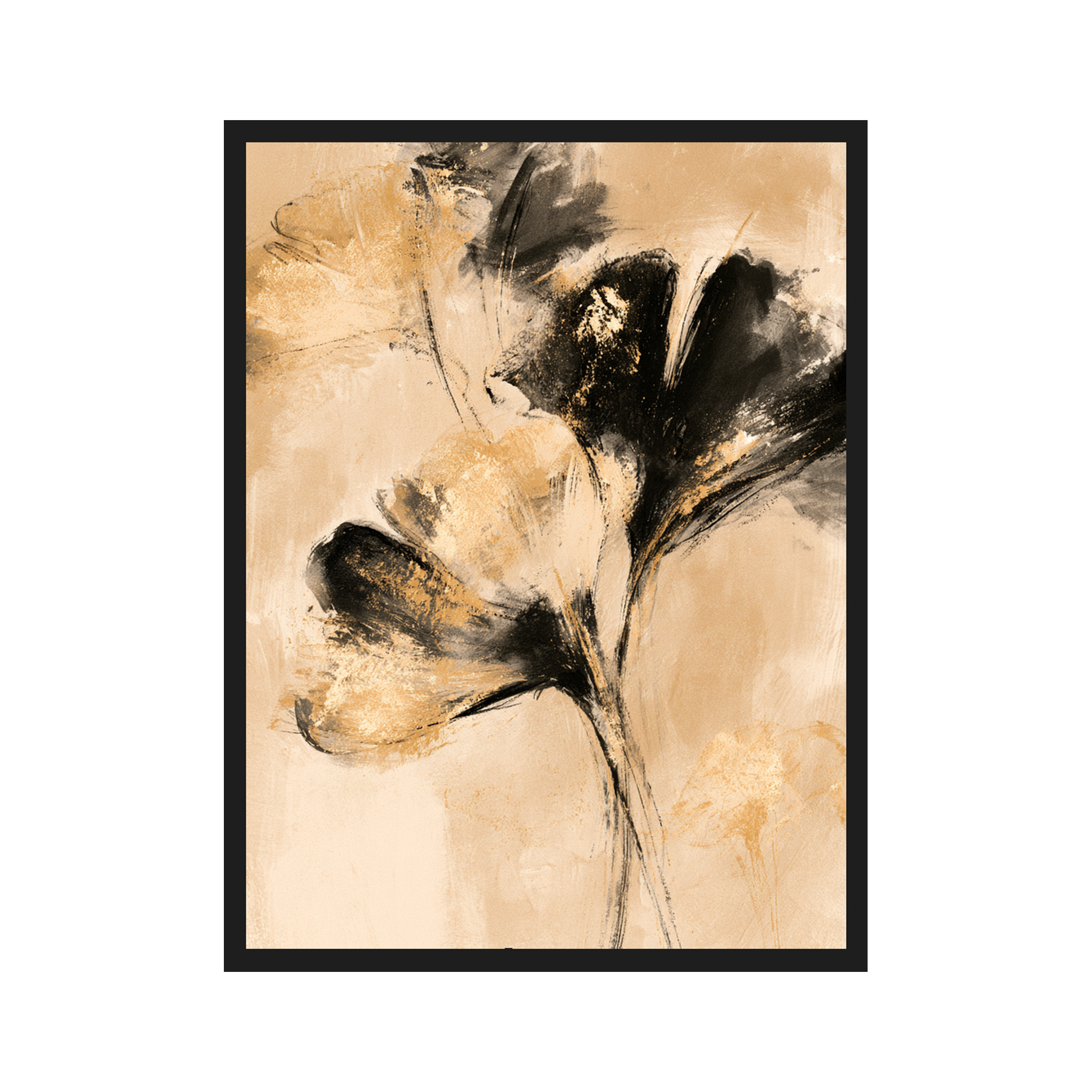 Golden Ginkgo III art print in a black frame