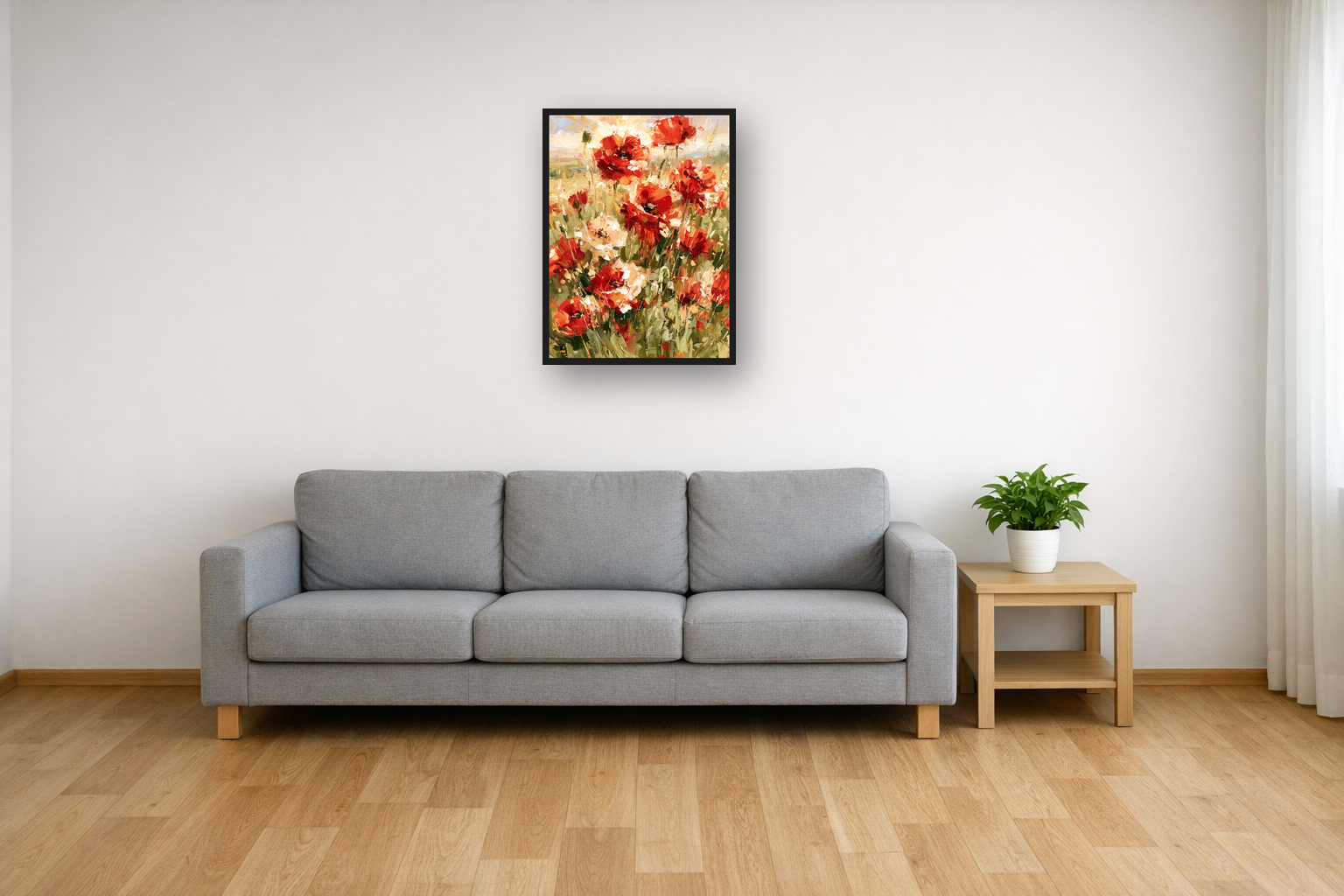 Wild Poppies III framed poster in a living room