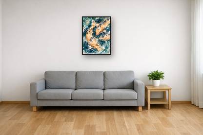 Koi Pond III framed poster in a living room