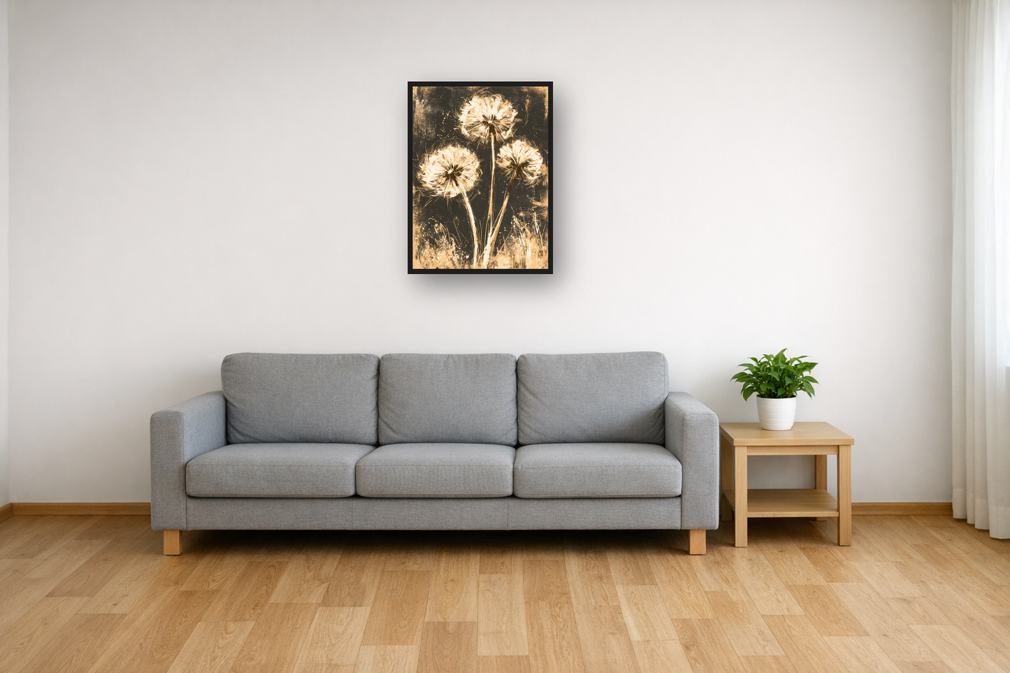 Golden Dandelions III framed poster in a living room – plakat na ścianę