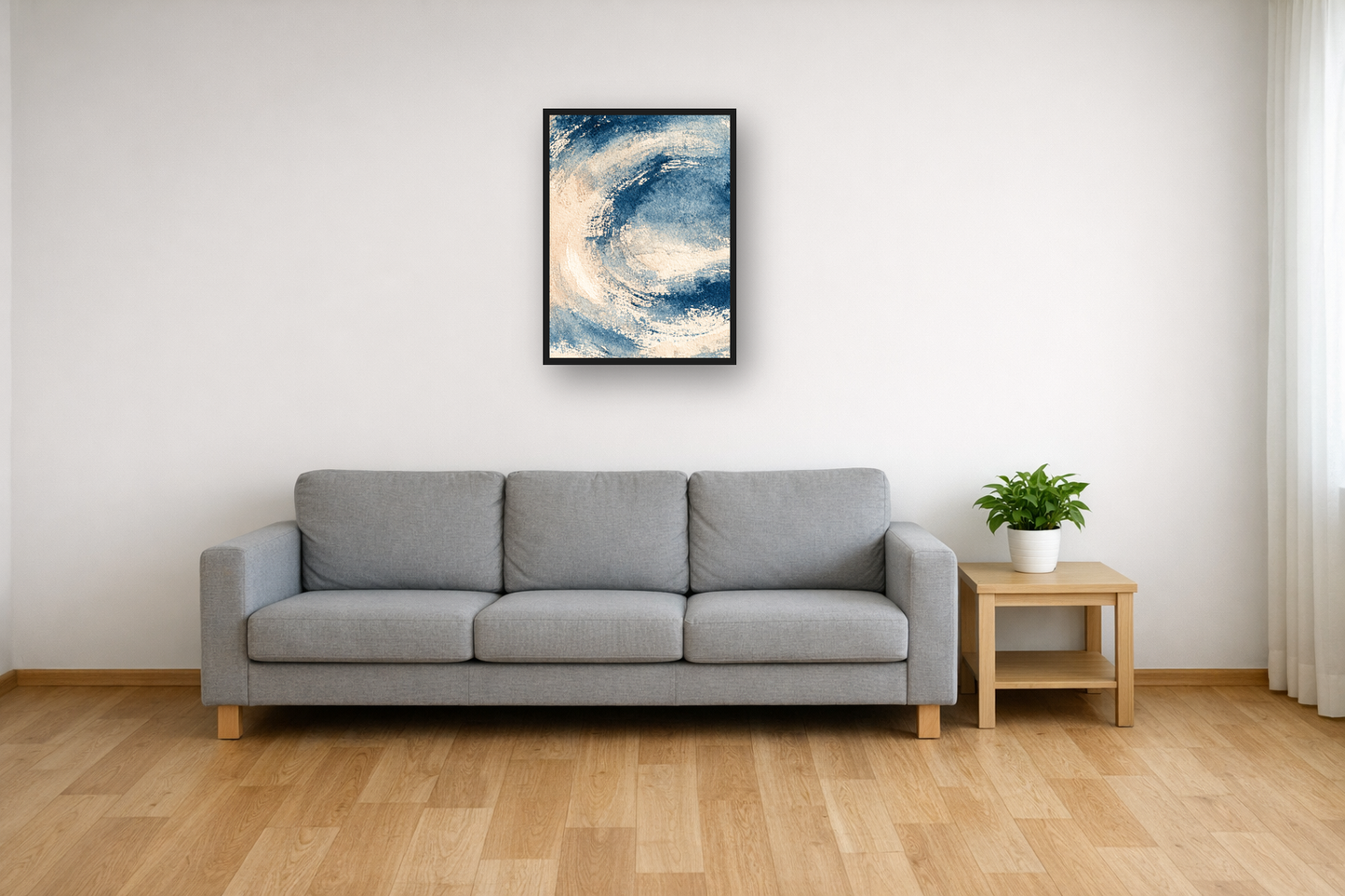 Indigo Wash III framed poster in a living room – plakat na ścianę