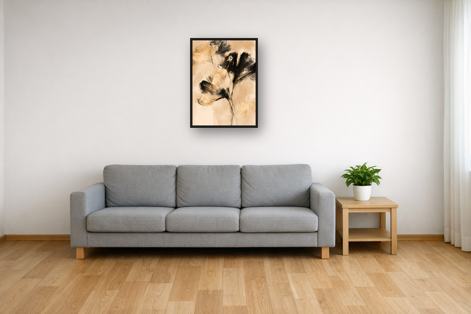 Golden Ginkgo III framed poster in a living room