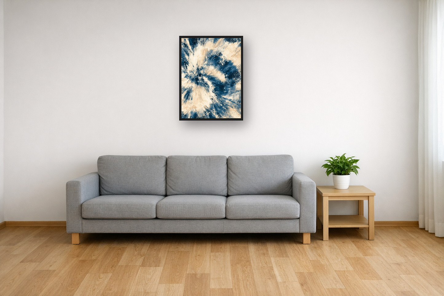 Indigo Batik III framed poster in a living room – plakat na ścianę