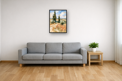 Tuscan Cypress III framed poster in a living room
