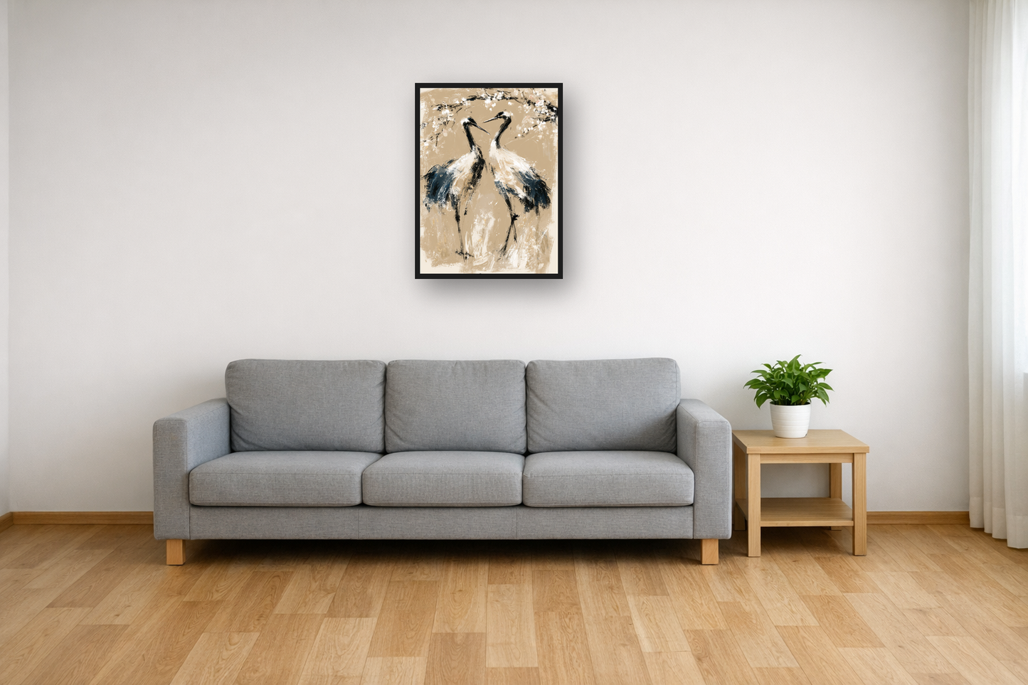 Japanese Cranes III framed poster in a living room – plakat na ścianę