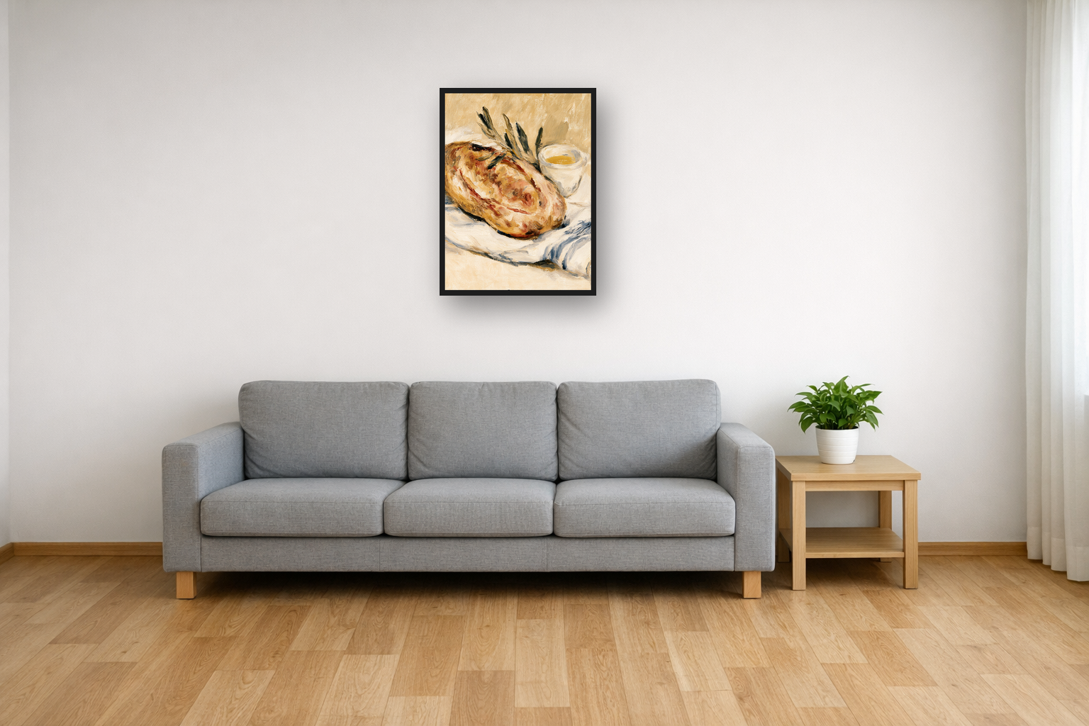 Linen Still Life III framed poster in a living room