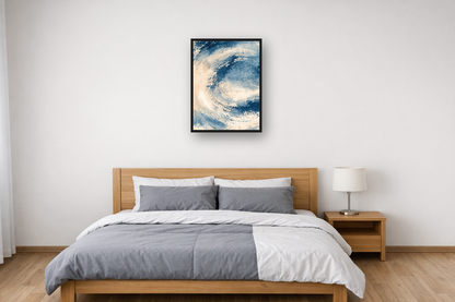 Indigo Wash III framed poster in a bedroom
