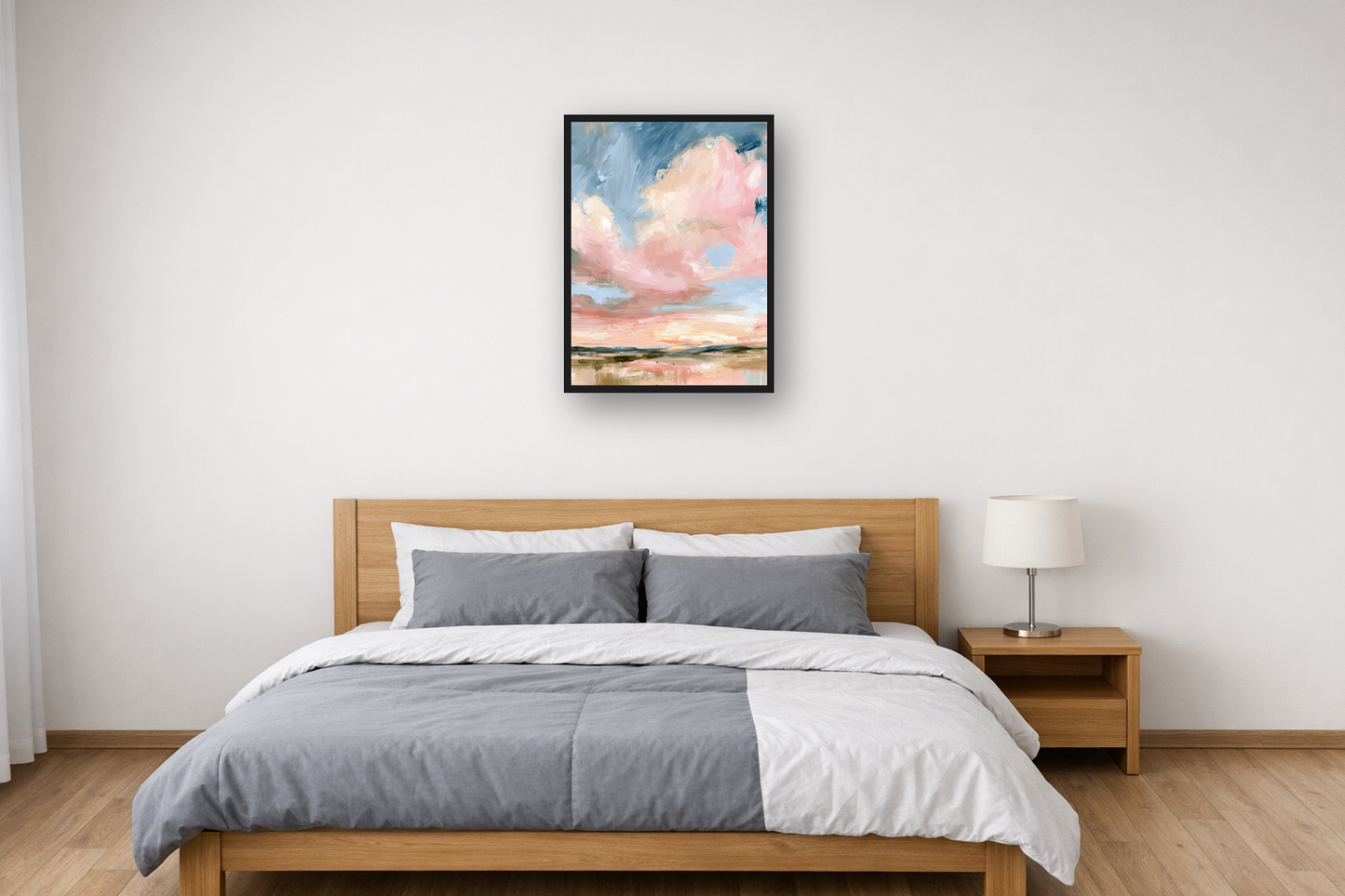 Powder Clouds III framed poster in a bedroom – plakat na ścianę