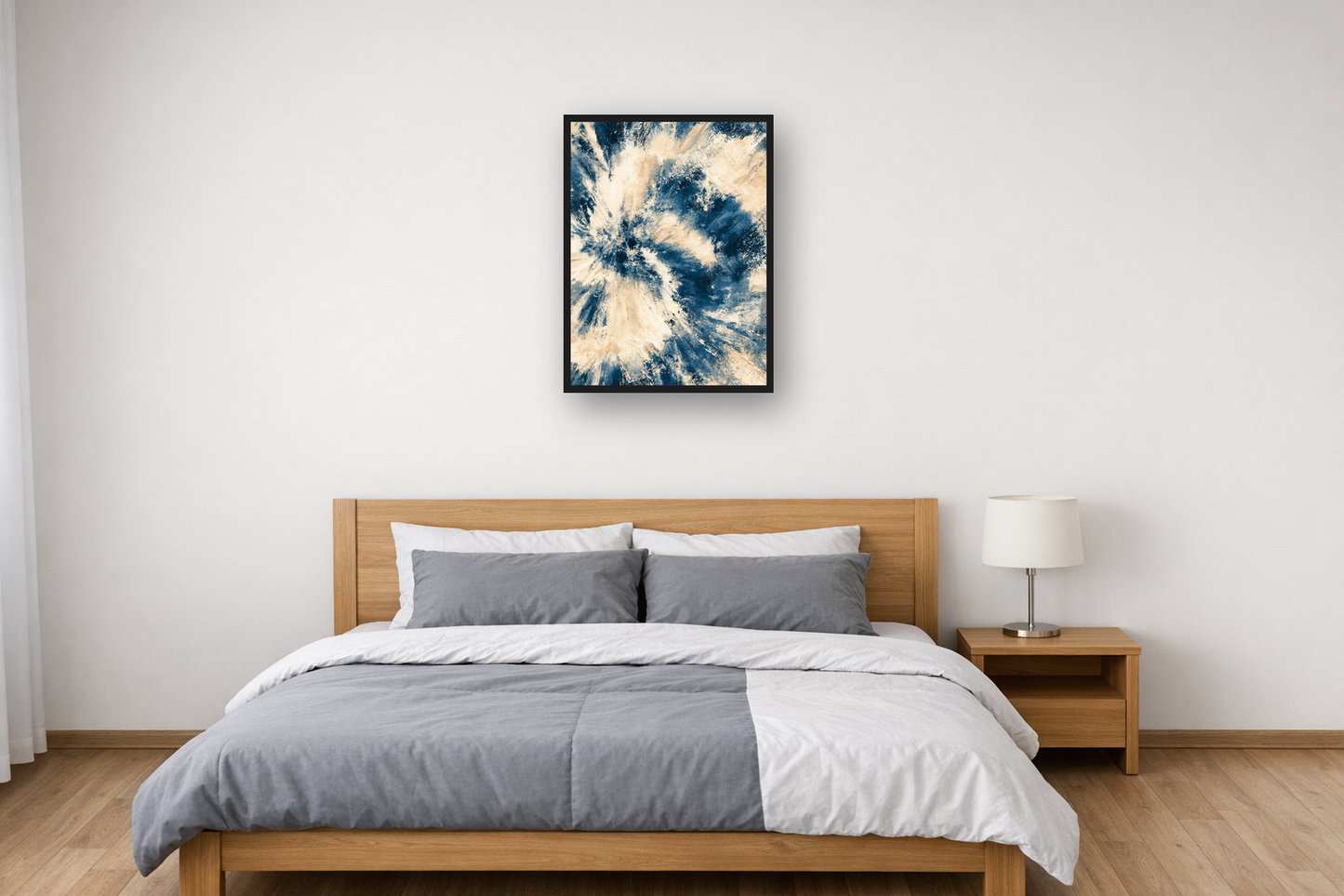 Indigo Batik III framed poster in a bedroom – plakat na ścianę