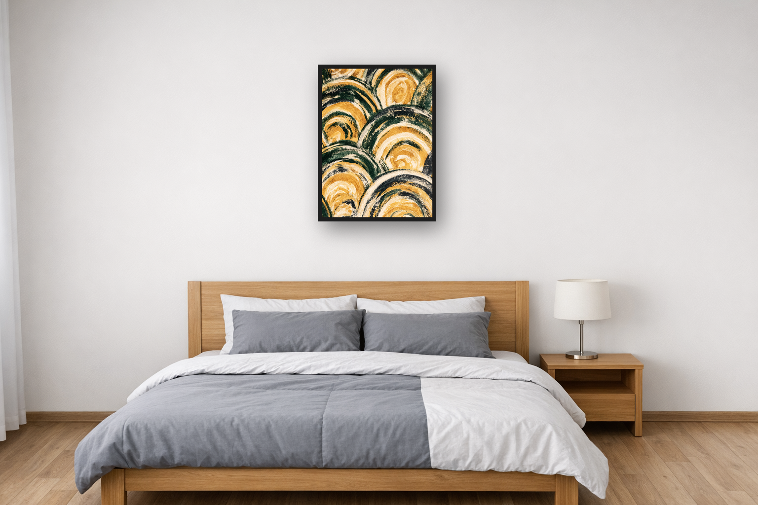 Art Deco Waves III framed poster in a bedroom