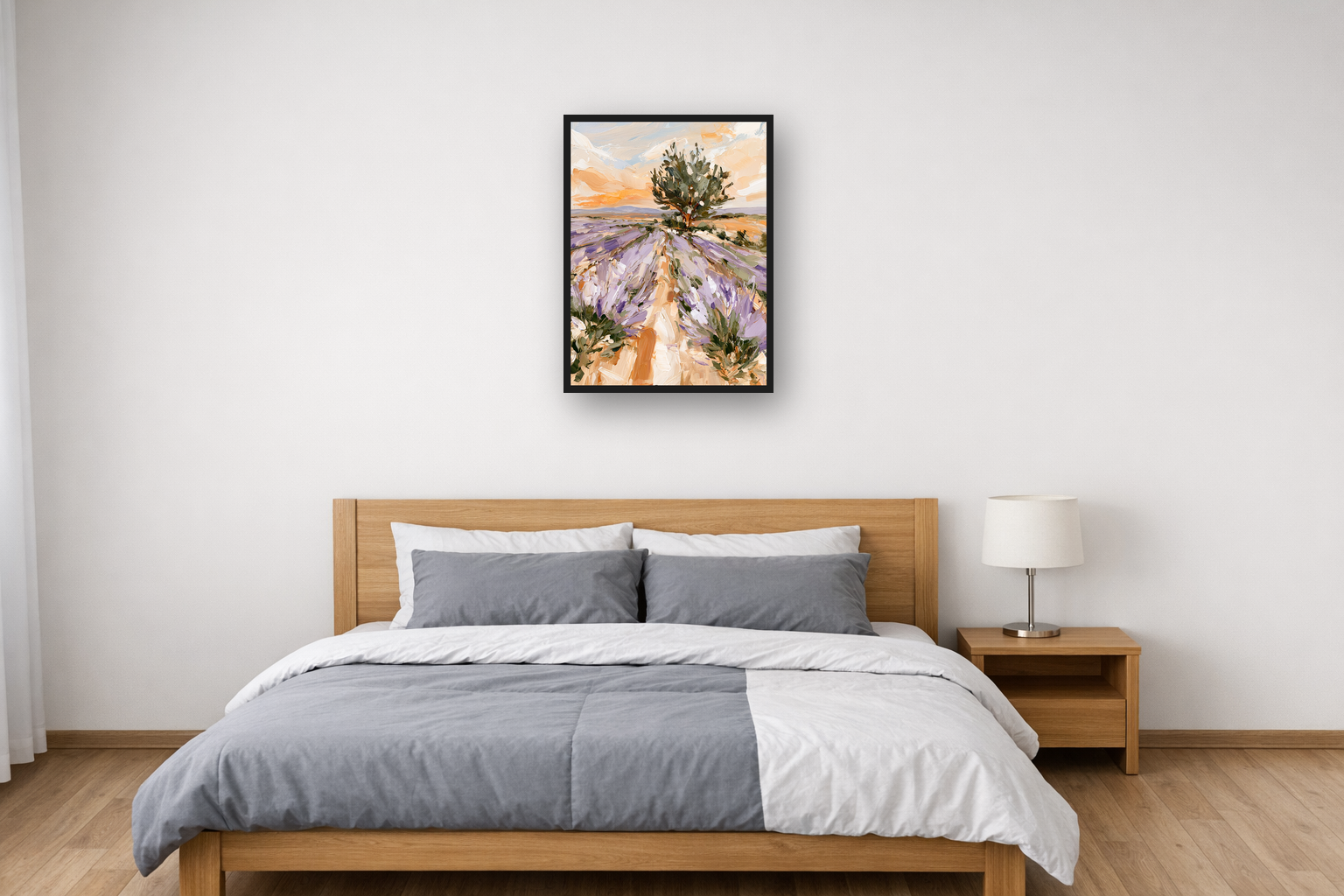 Lavender Fields III framed poster in a bedroom