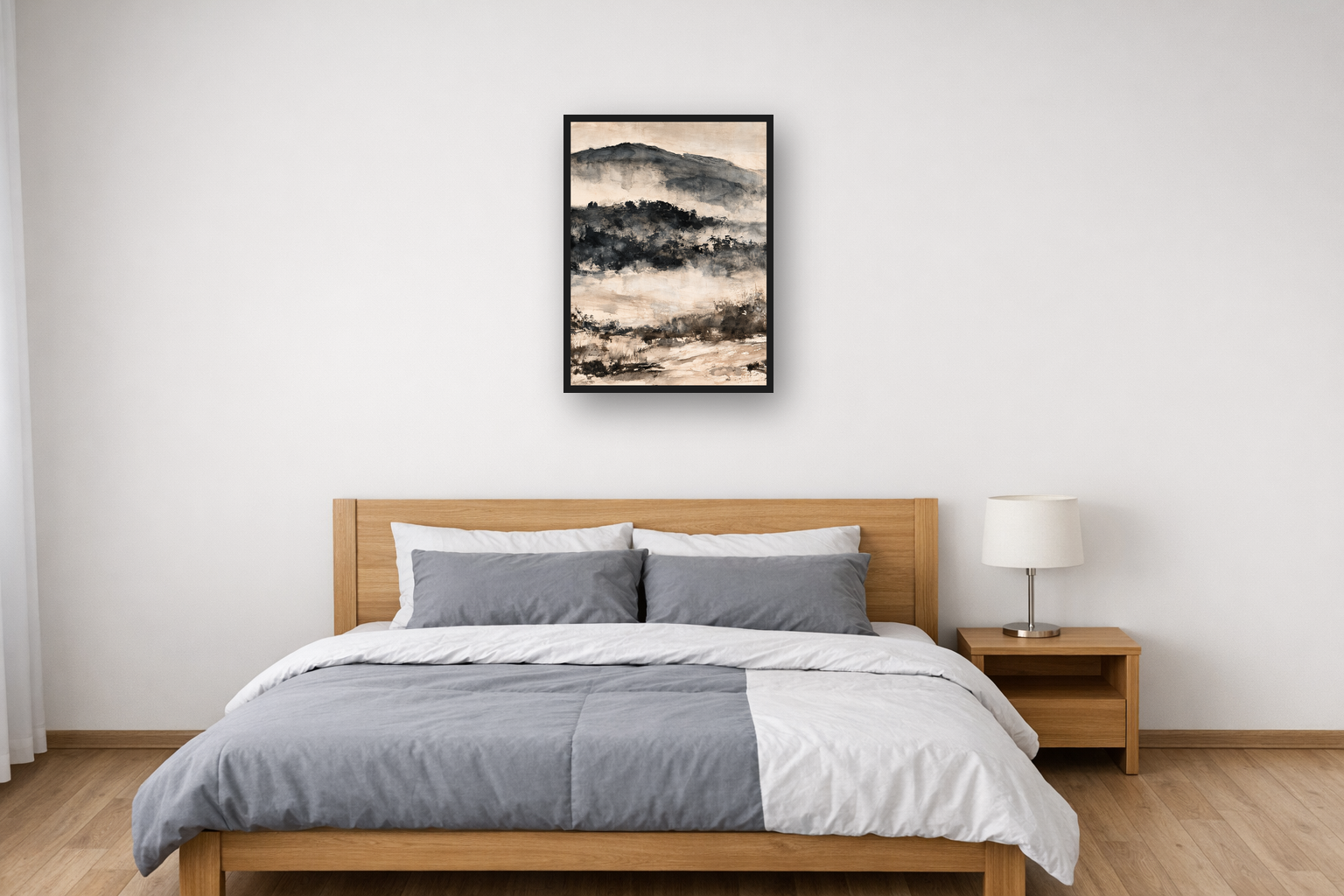 Misty Forest Ink III framed poster in a bedroom