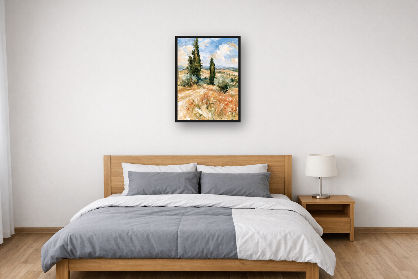 Tuscan Cypress III framed poster in a bedroom – plakat na ścianę