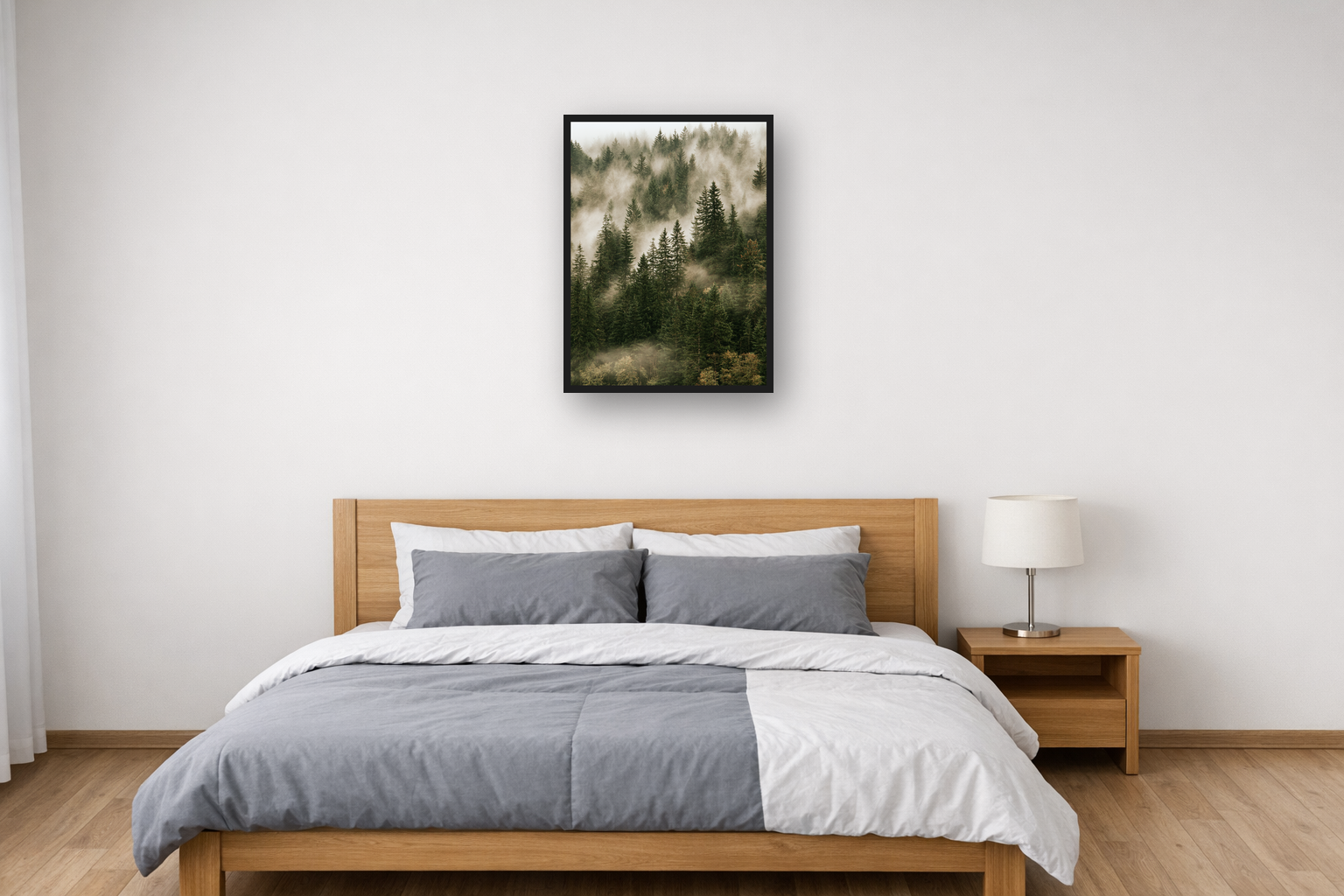 Nordic Forest III framed poster in a bedroom