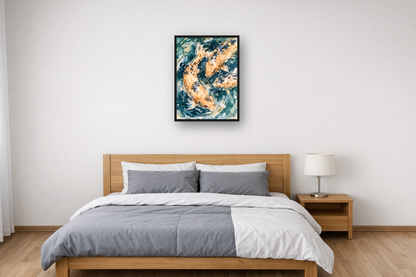 Koi Pond III framed poster in a bedroom
