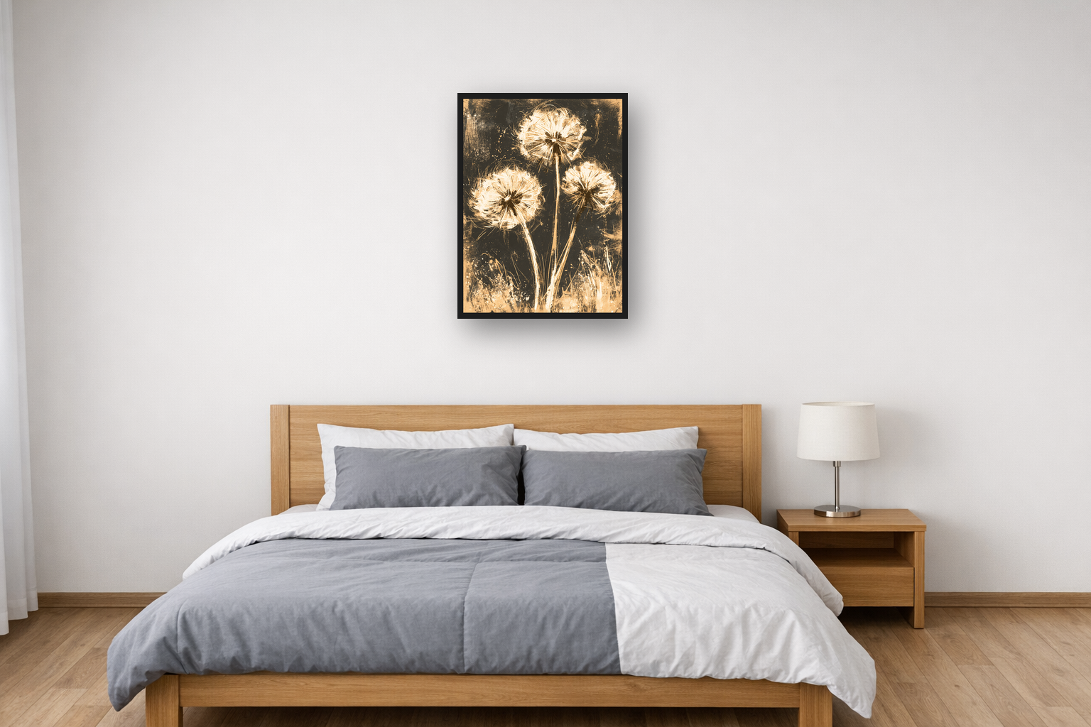 Golden Dandelions III framed poster in a bedroom