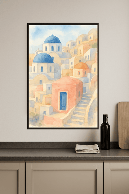 Santorini Akwarela Plakat Artystyczny - CasaNookDecor