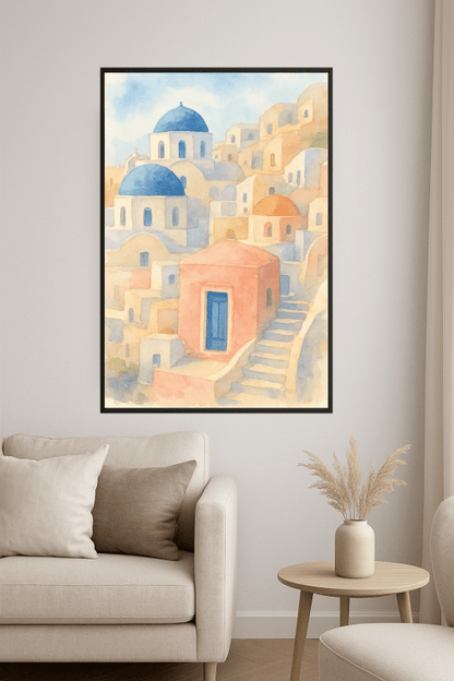 Santorini Akwarela Plakat Artystyczny - CasaNookDecor