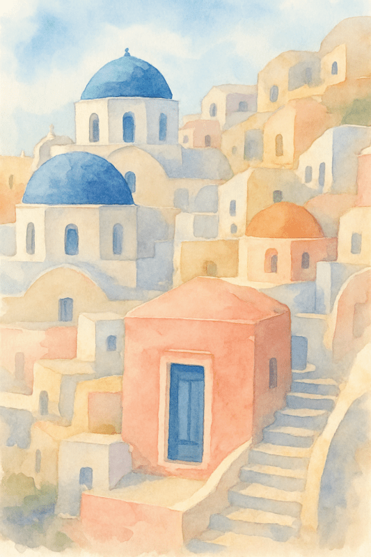 Santorini Akwarela Plakat Artystyczny - CasaNookDecor