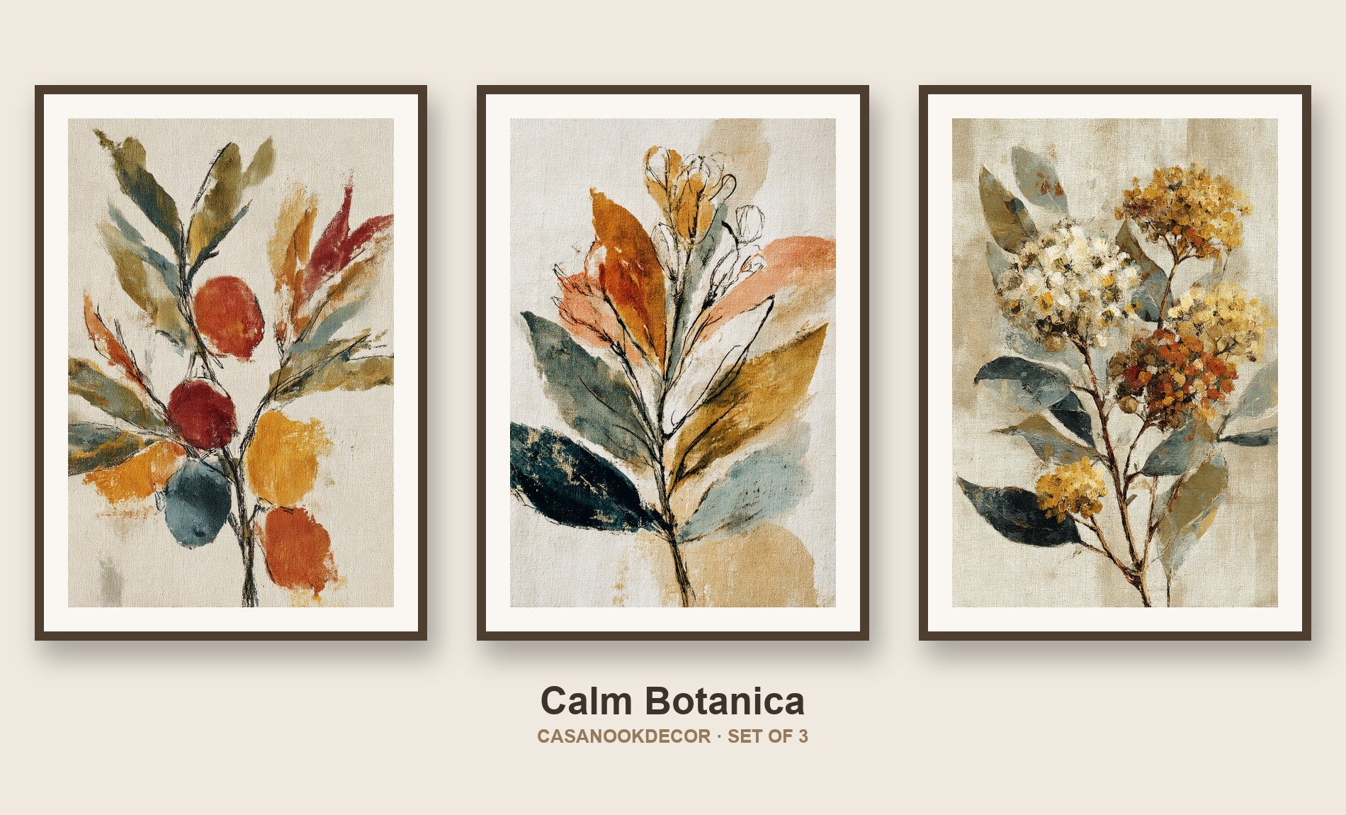 Calm Botanica set of 3 botanical prints — olive, eucalyptus, wildflowers