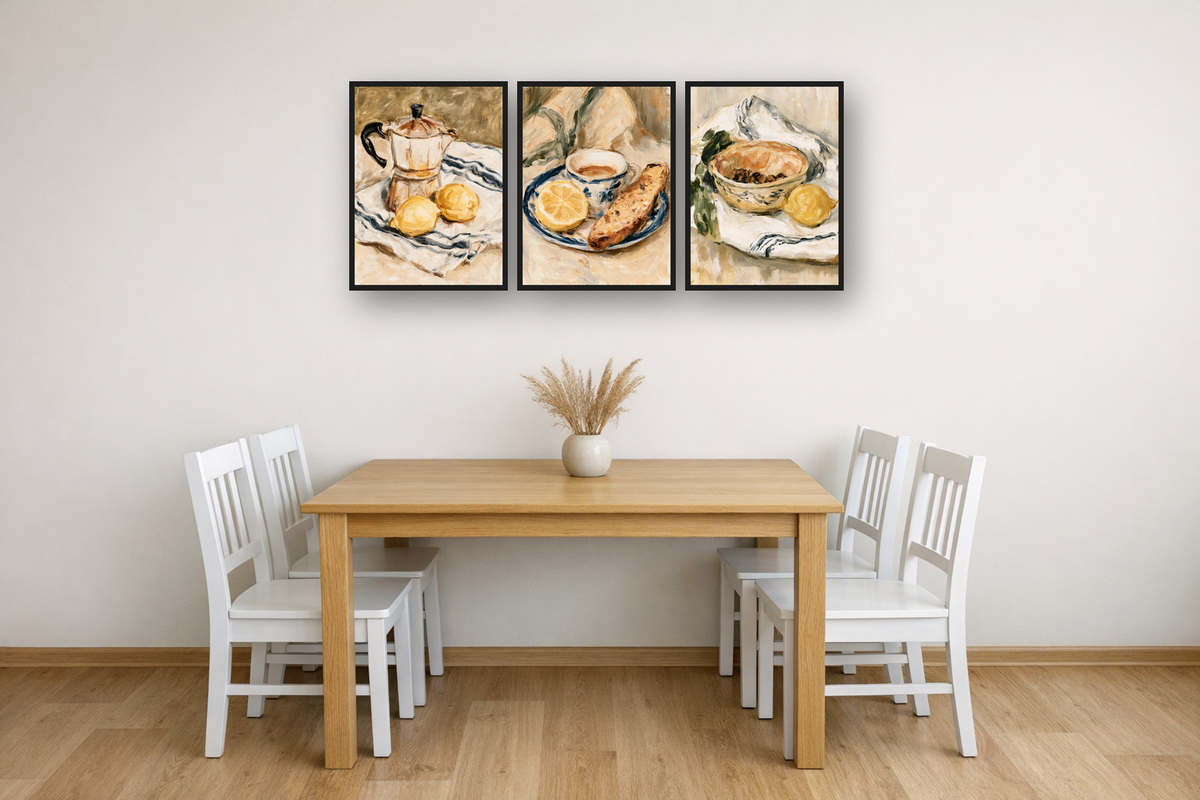 Espresso & Lemons framed poster set above a dining table – plakat na ścianę