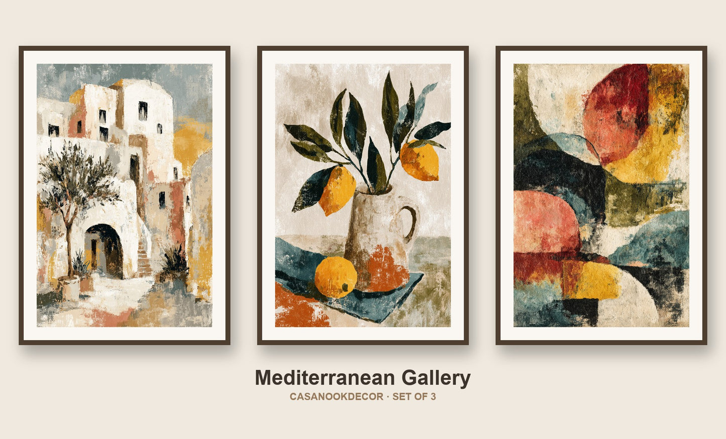 Mediterranean set of 3 prints — architecture, still life, abstract – plakat na ścianę