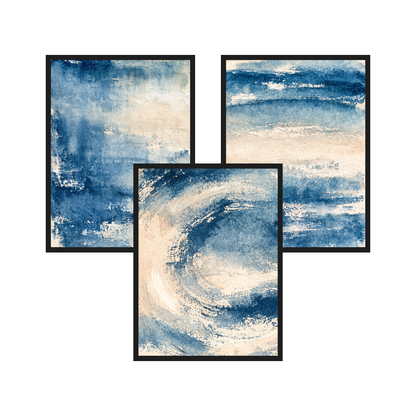 Indigo Wash set of 3 art prints in black frames