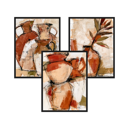 Terracotta Vessels set of 3 art prints in black frames